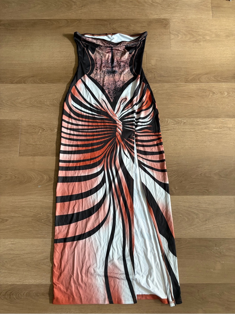Strapless Orange & Black Printed Maxi Dress - Picture 3 of 6